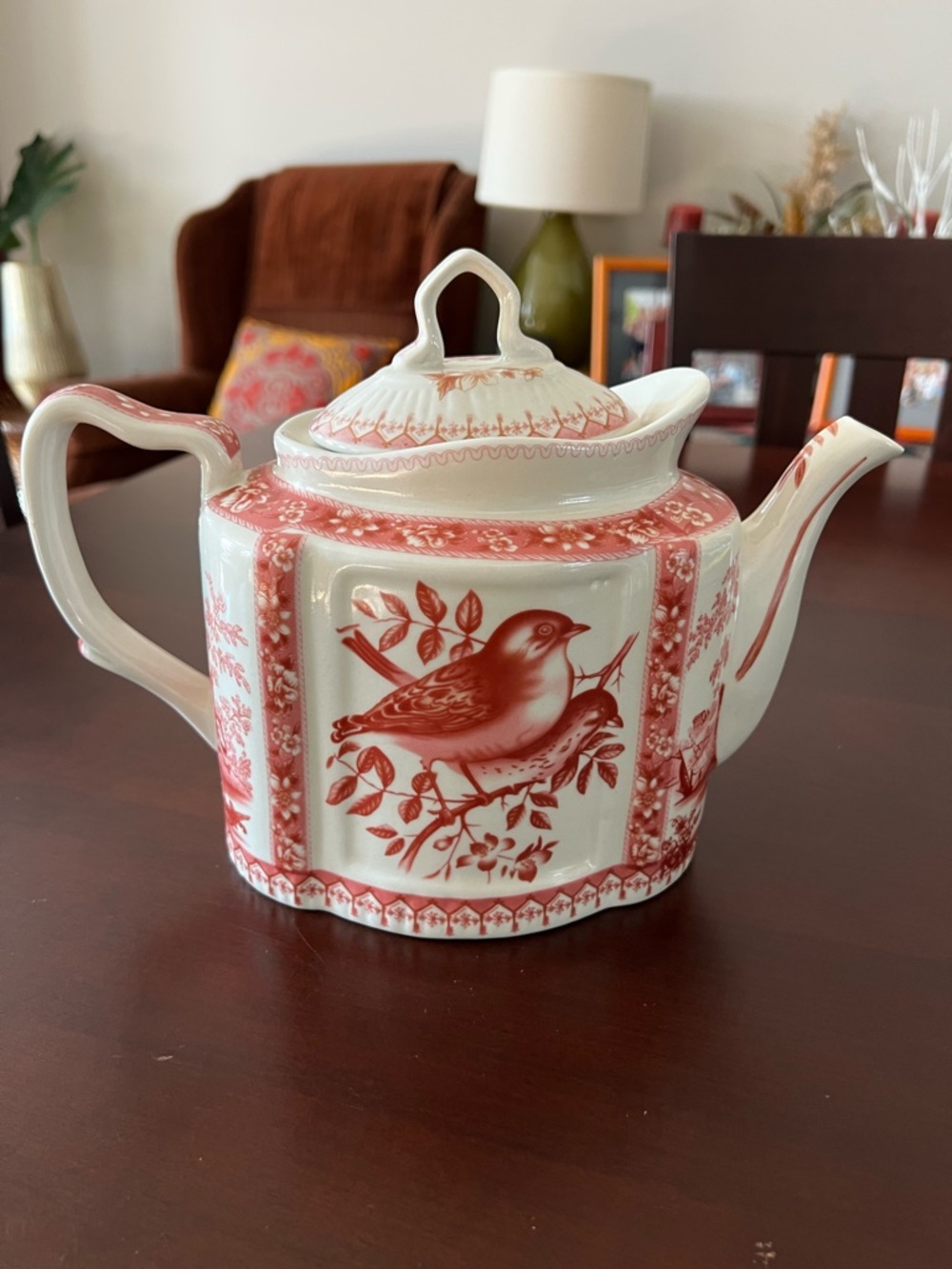 Red Transferware Bird Toile Teapot